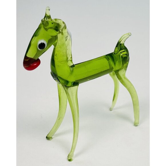 VTG 3.25" Handblown Green Glass Horse Figurine White Mane Red Tongue Delicate - Picture 1 of 5